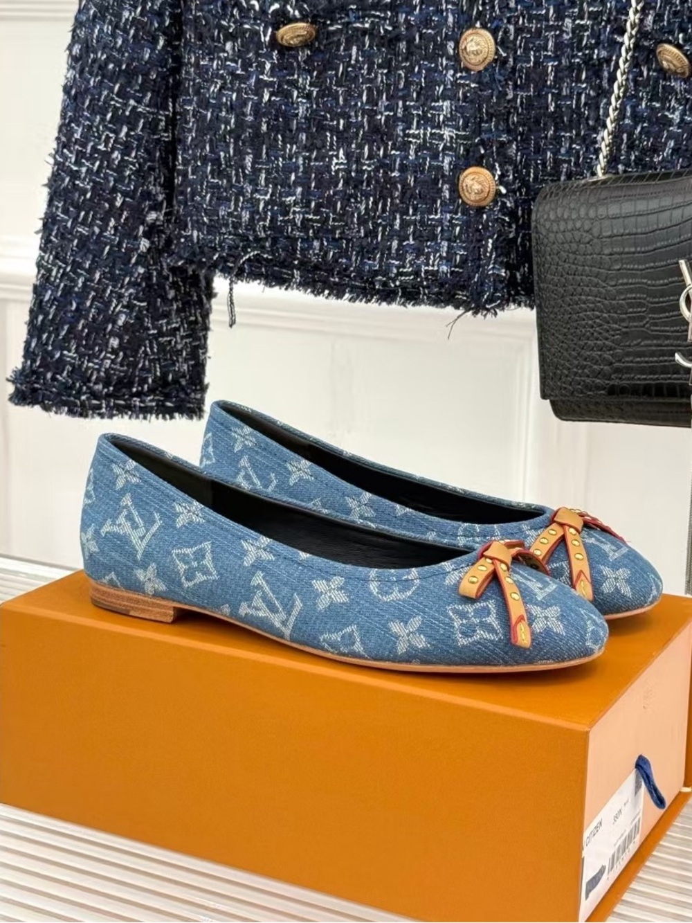 Louis Vuttion Blue Denim Monogram Ballet Flats with Orange Bow